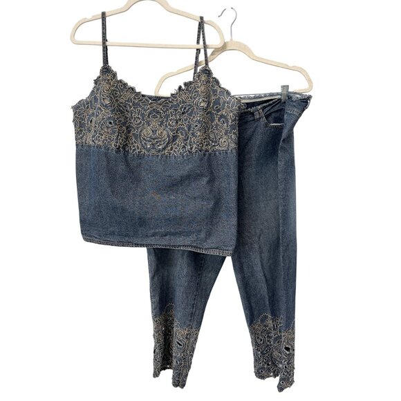 Y2K Venezia Jeans Embroidered Top and Pants Denim Set Size 22 Blue Distressed - Picture 1 of 5